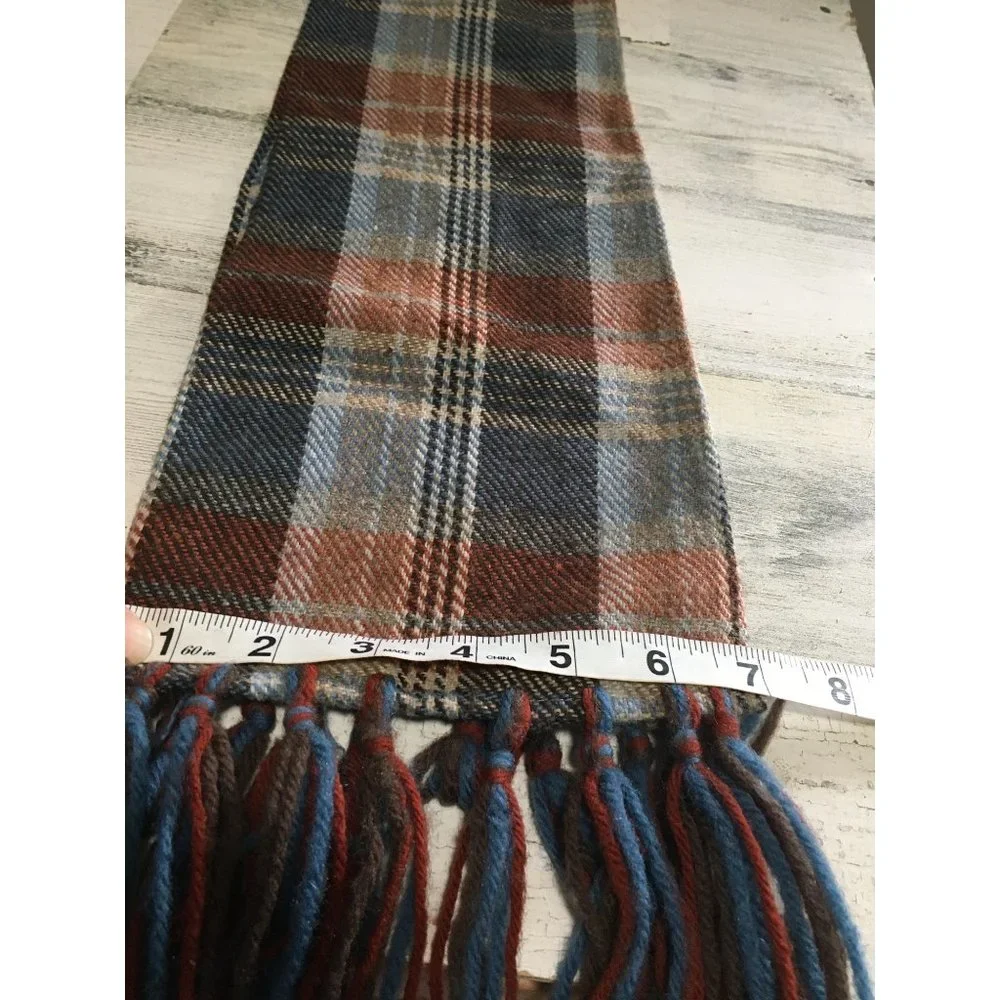 Plaid scarf with fringe blue pink burgundy 7”x62”